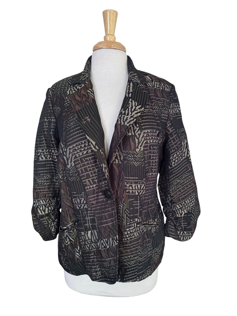 CHICOS Safari Animal Print Metallic Jacket Sz Large (2) Brown Green Black Lined